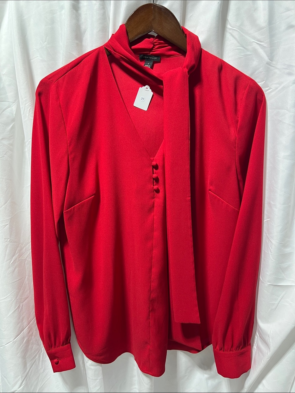 Ann Taylor Red Long-Sleeve Tie-Neck Blouse